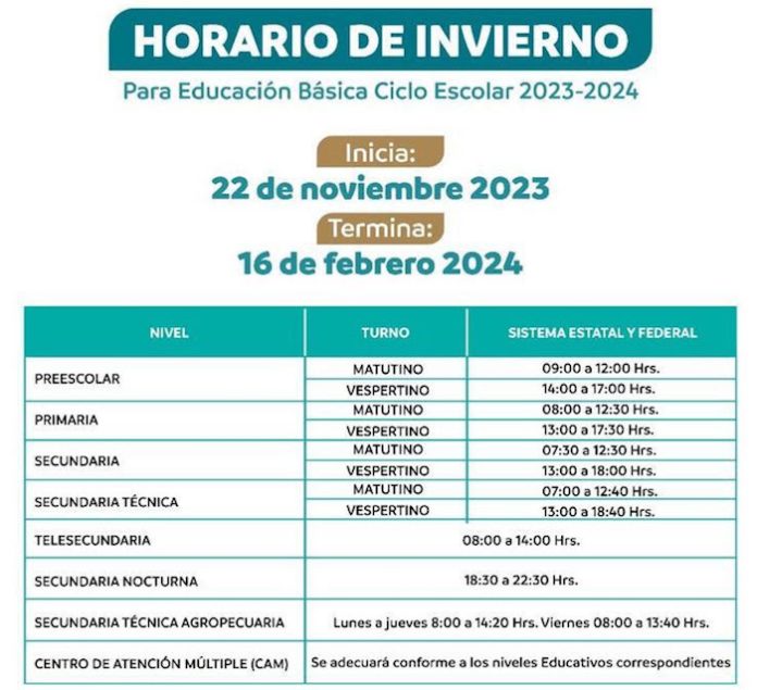 Entra en vigor Horario Escolar de Invierno