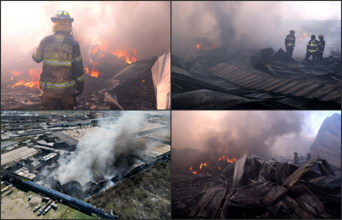 Logran sofocar 80% de incendio en Parque Industrial Kalos; continuan trabajos