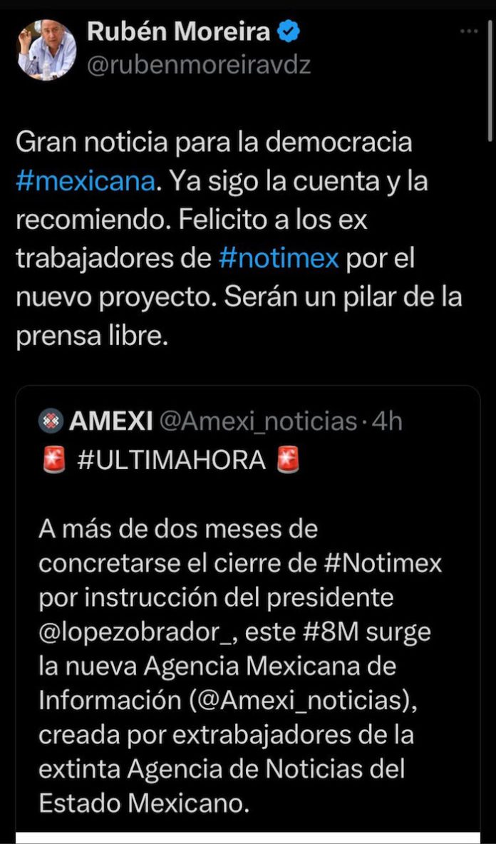 Moreira anuncia la creación de una nueva agencia informativa mexicana con ex-miembros de la desaparecida Notimex