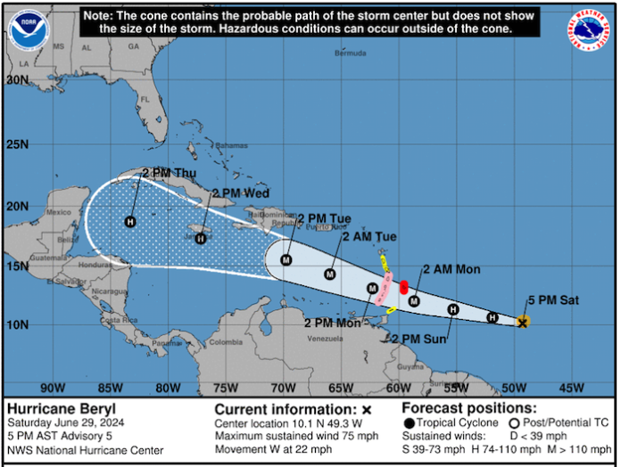 La tormenta tropical Beryl se fortalece y amenaza a las islas del Caribe oriental