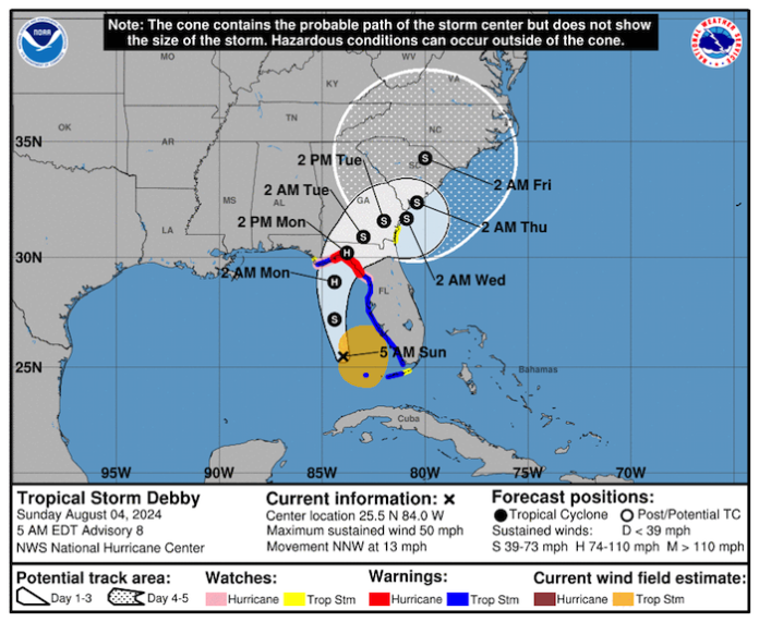 La tormenta tropical Debby se aproxima a EU y puede convertirse en huracán