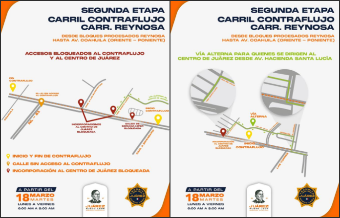 Juárez inicia segunda fase de contraflujo en carretera Reynosa para mejorar movilidad