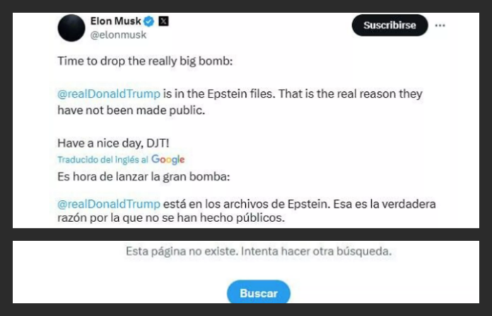 Desaparece la publicación de Musk donde afirmaba que Trump figura en los archivos de Epstein