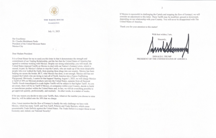 Esta es la carta de Donald Trump a Claudia Sheinbaum sobre los aranceles del 30% contra México