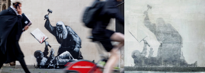 Londres borra mural de Banksy contra jueces y en medio de protestas pro Palestina