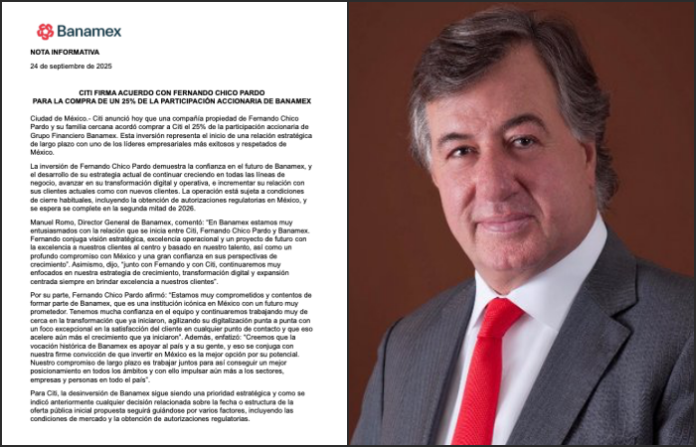 El empresario mexicano Fernando Chico Pardo compra 25% participación accionaria de Banamex, según el banco