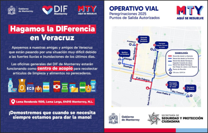 Monterrey habilita centro de acopio para afectados por lluvias en Veracruz y organiza peregrinaciones seguras
