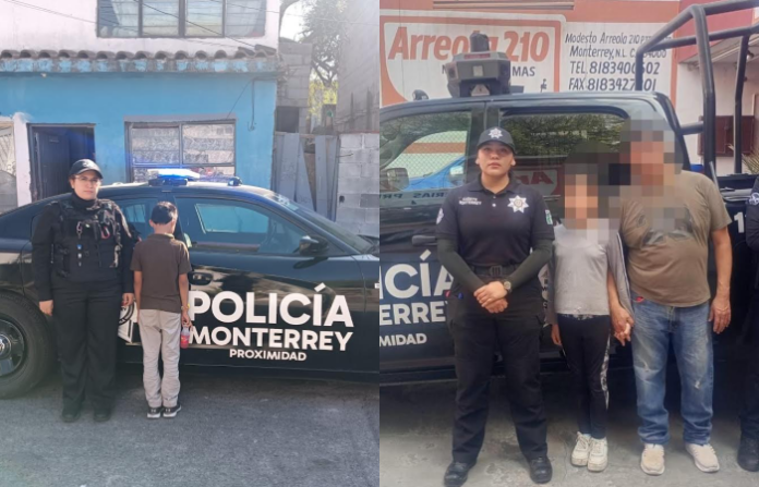 Policías de Monterrey rescatan a dos menores extraviados durante operativo navideño