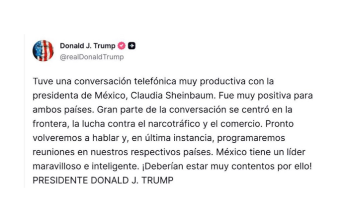 Trump llama “maravillosa y muy inteligente” a Sheinbaum tras llamada bilateral