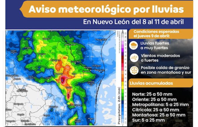 Lluvias se intensifican en Nuevo León; alertan por tormentas y posible granizo