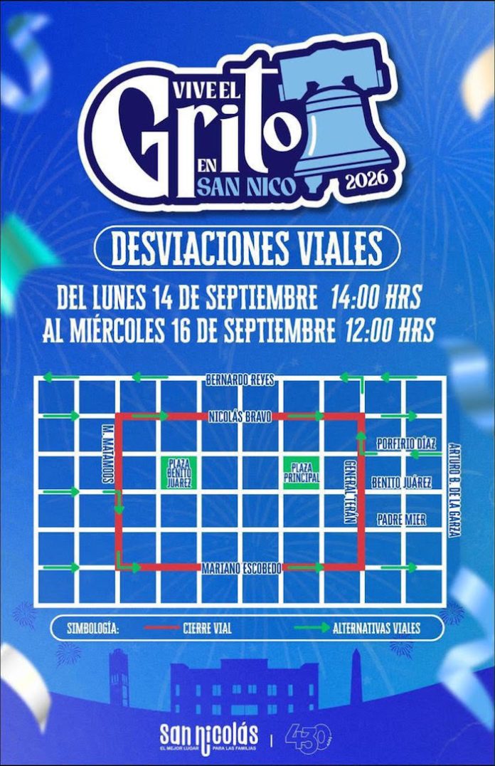 San Nicolás anuncia cierres viales por festejos del Grito de Independencia