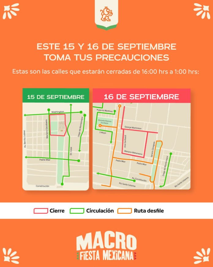 Cierres viales en el Centro de Monterrey por el Grito y Desfile de Independencia